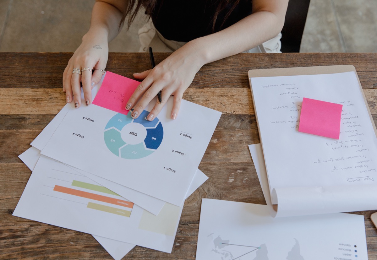 A person planning a project with printed stages, charts and sticky notes on a wooden table