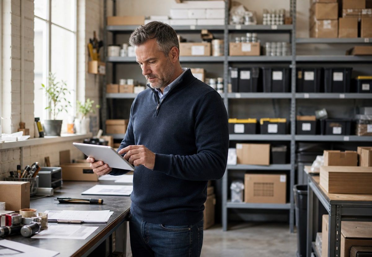 Natural-colour photograph of a small business operations manager using a tablet beside stock shelves and a practical workbench