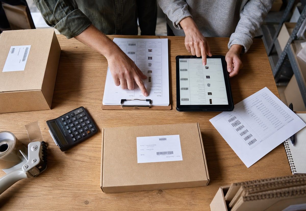 Natural-colour overhead photograph of people comparing paper orders with a tablet beside parcels on a small business packing bench