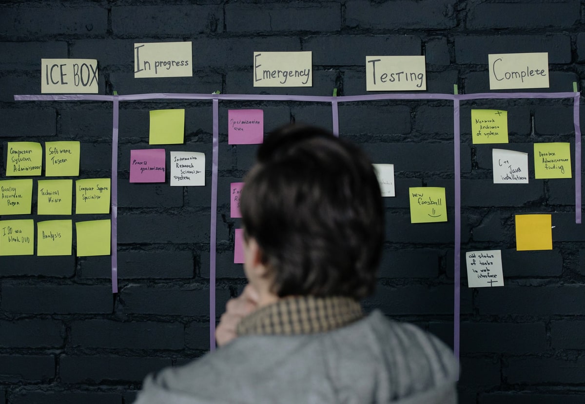 A person reviewing a project task board covered with coloured notes