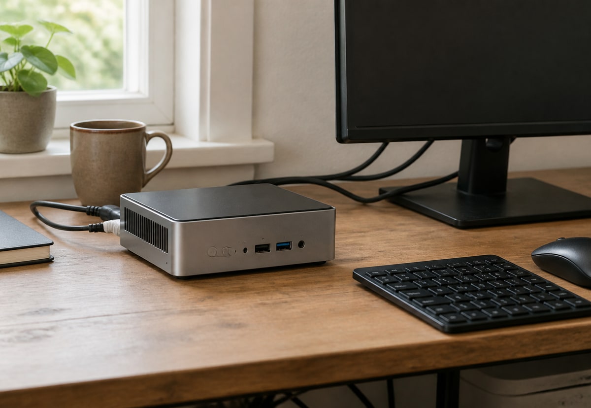 An unbranded compact desktop computer connected to a monitor on a real office desk