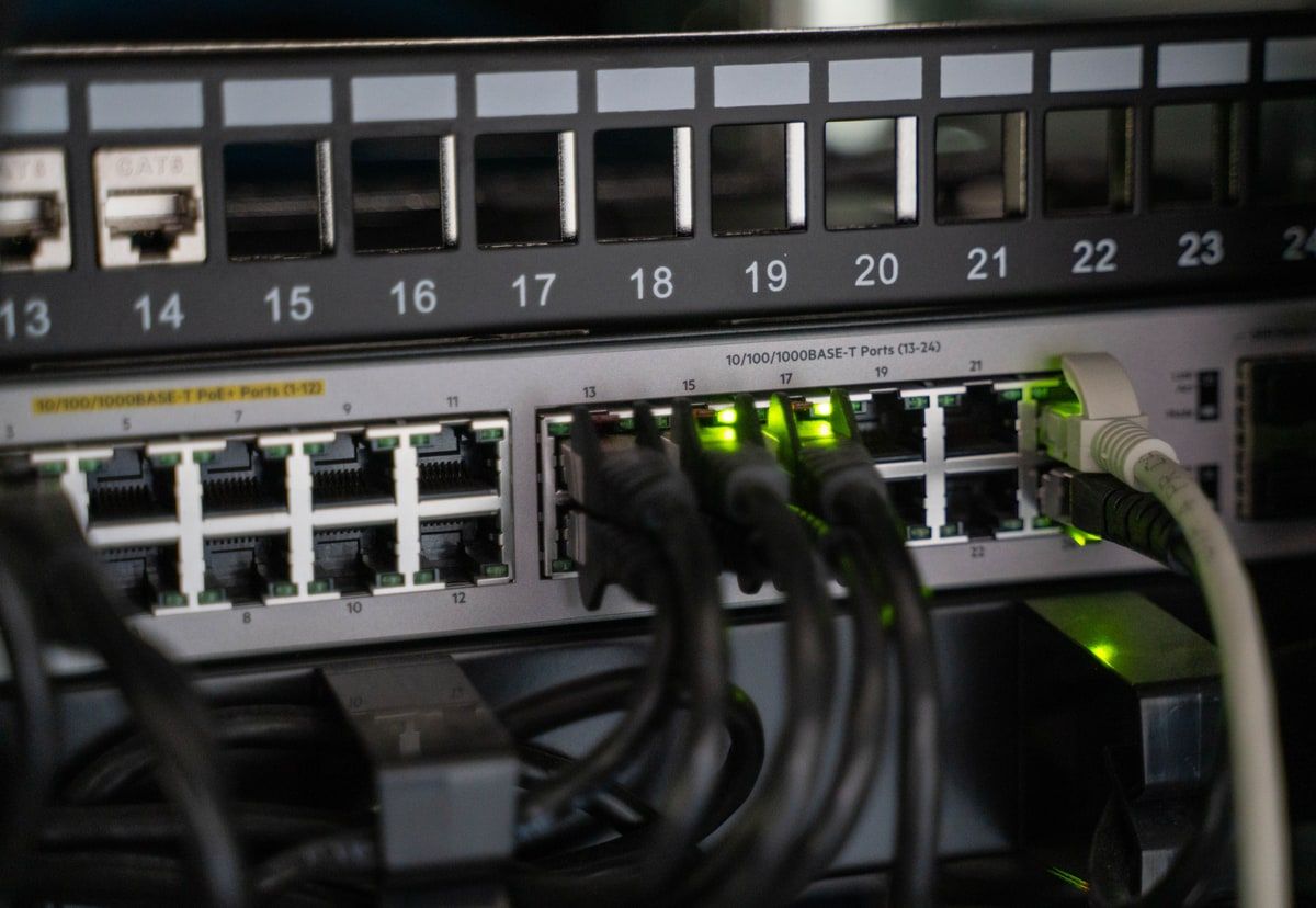 Close-up of several network cables connected to a switch, representing business systems exchanging information
