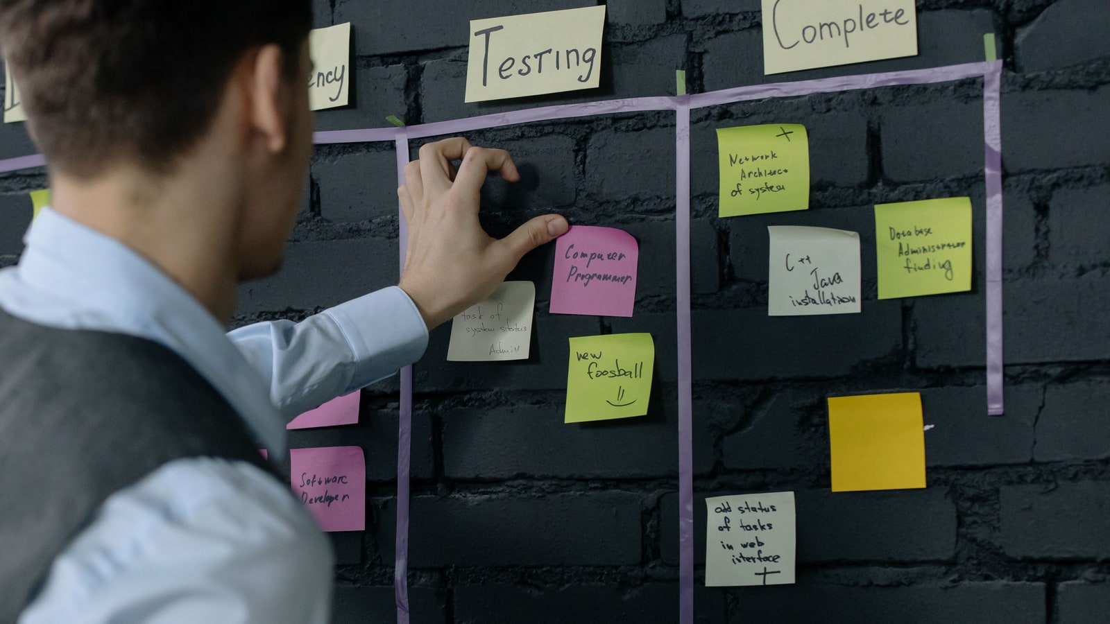 A person arranging coloured notes into stages on a wall mounted project planning board