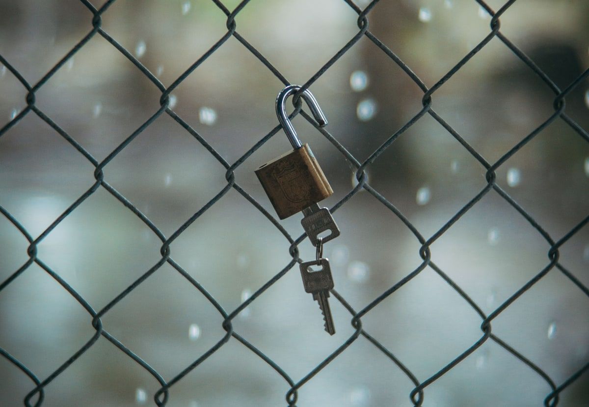 Open brass padlock with two keys hanging from a rain-covered wire fence