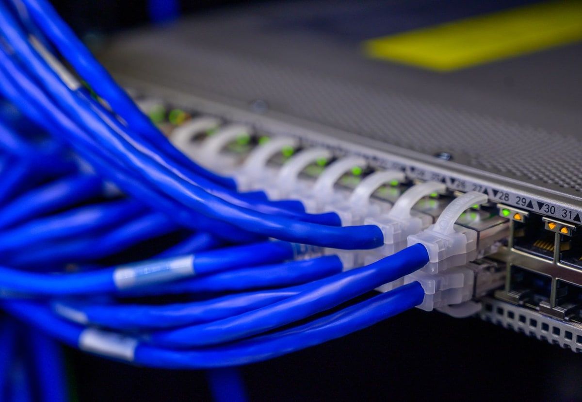 Blue network cables connected to a switch, representing the infrastructure managed behind a Laravel Cloud application