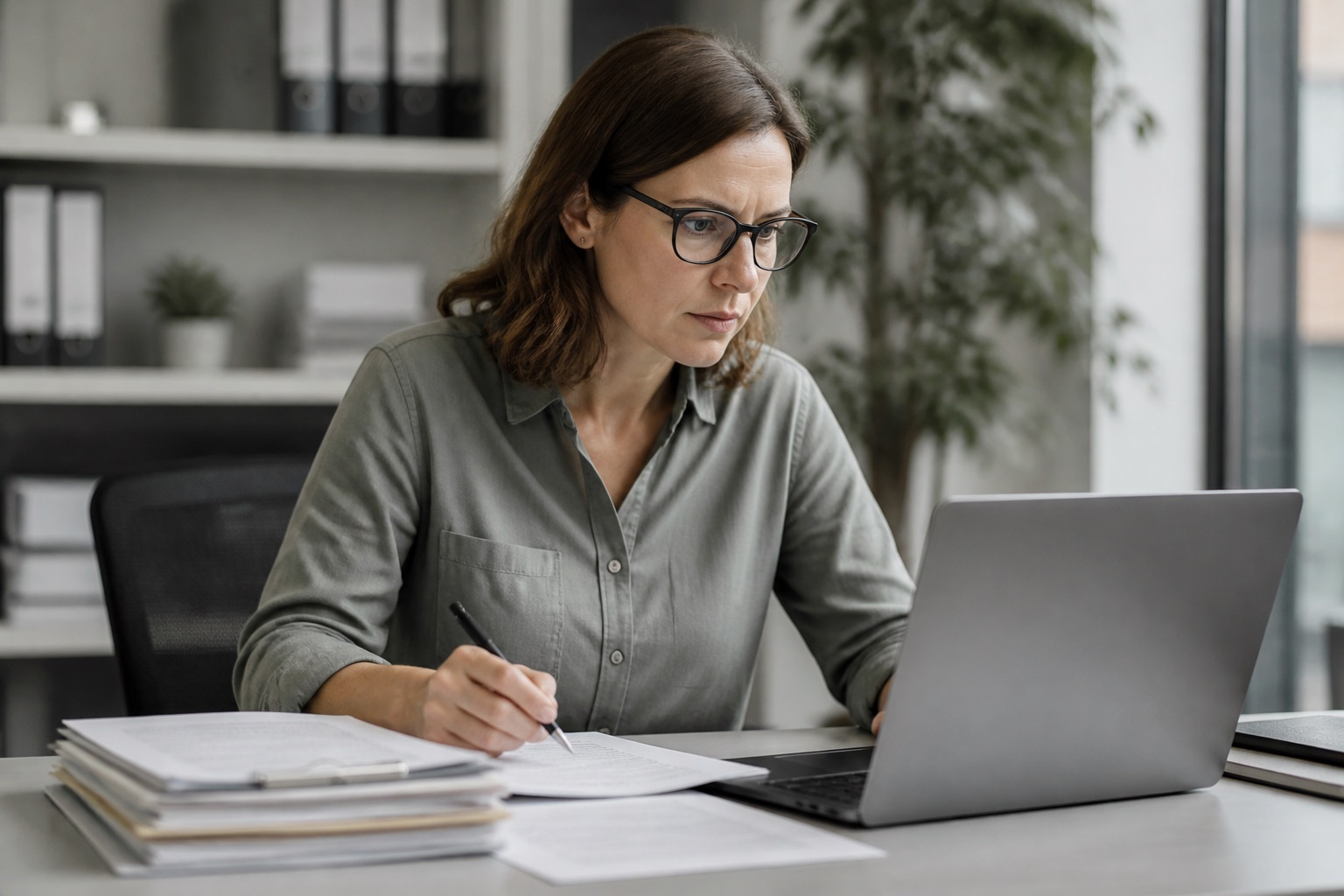 An administrator checking business records and supporting documents