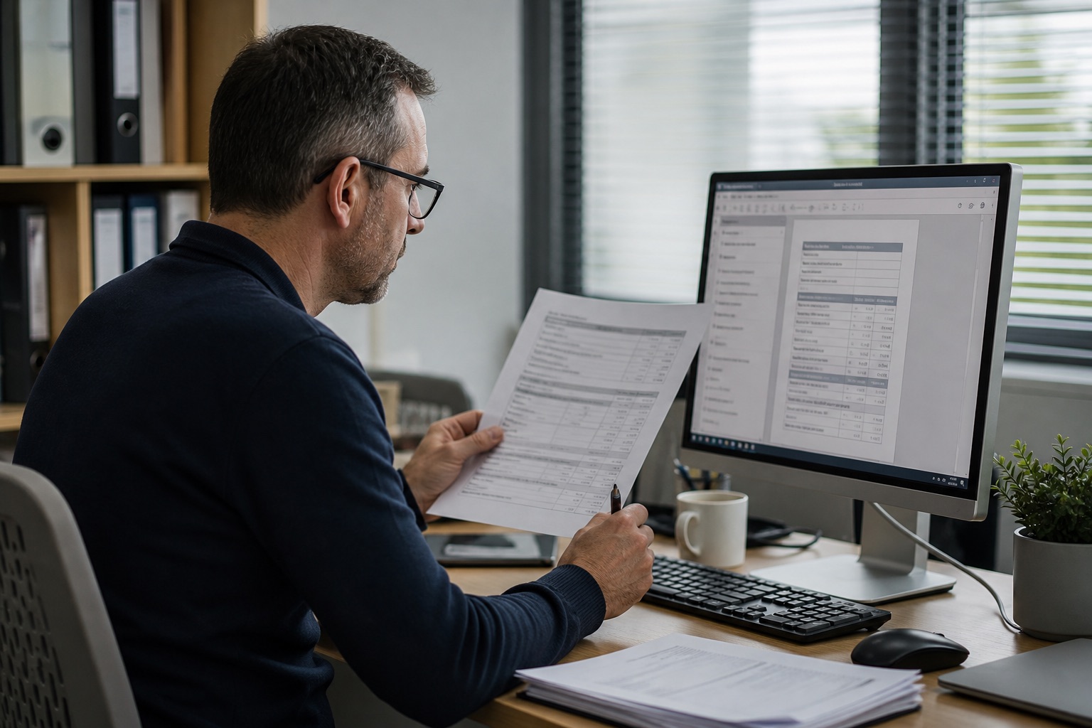 A professional comparing a printed form with a digital document on a monitor