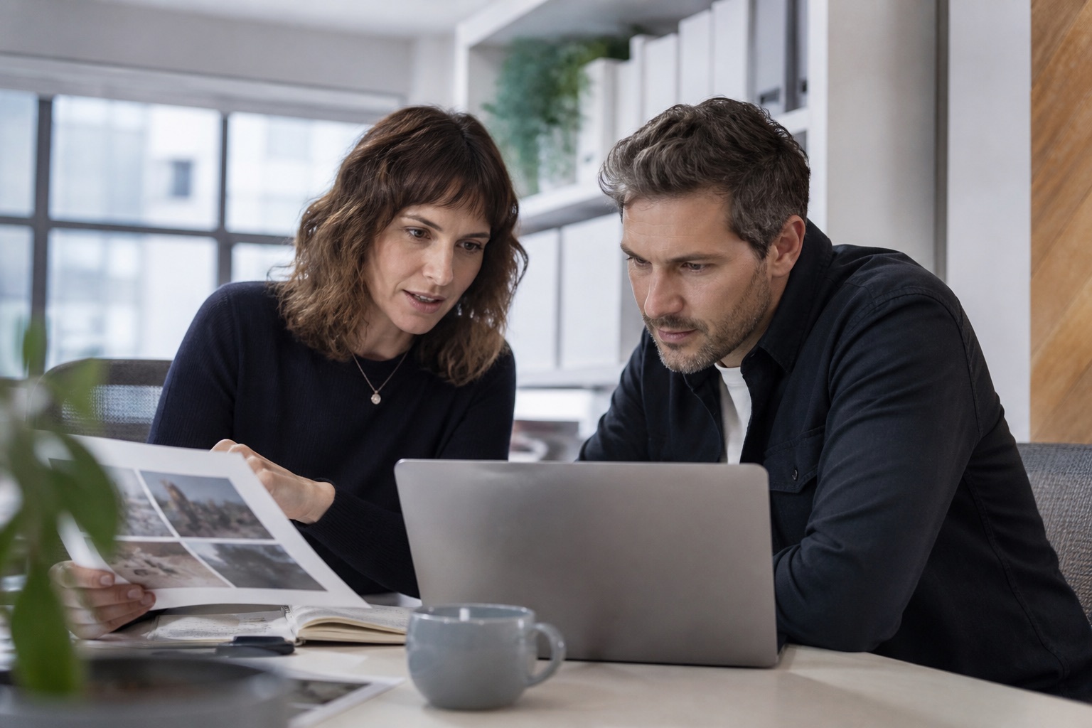 Two marketing colleagues preparing a content plan from approved business material