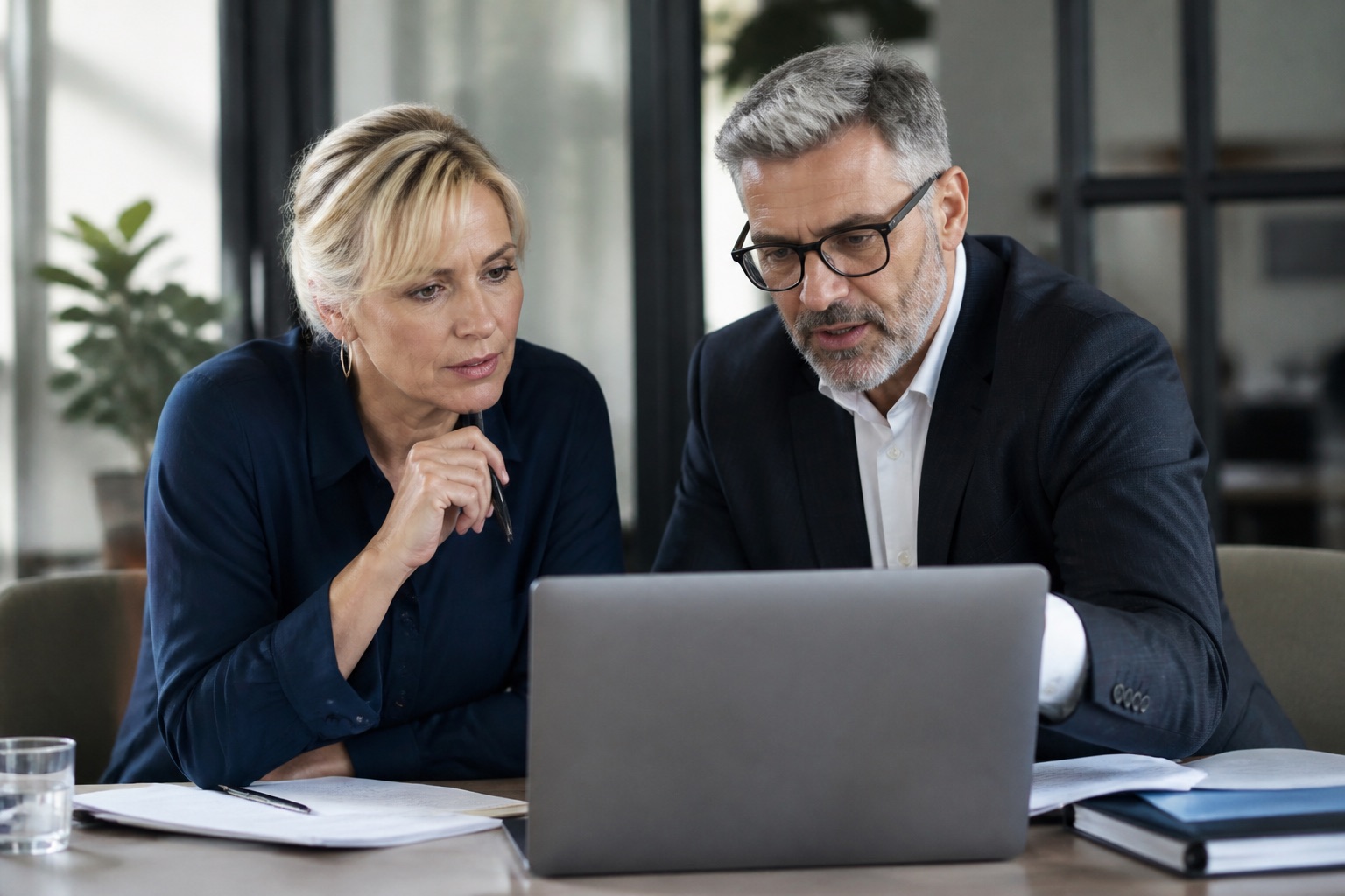 Two experienced colleagues reviewing case evidence together on a laptop
