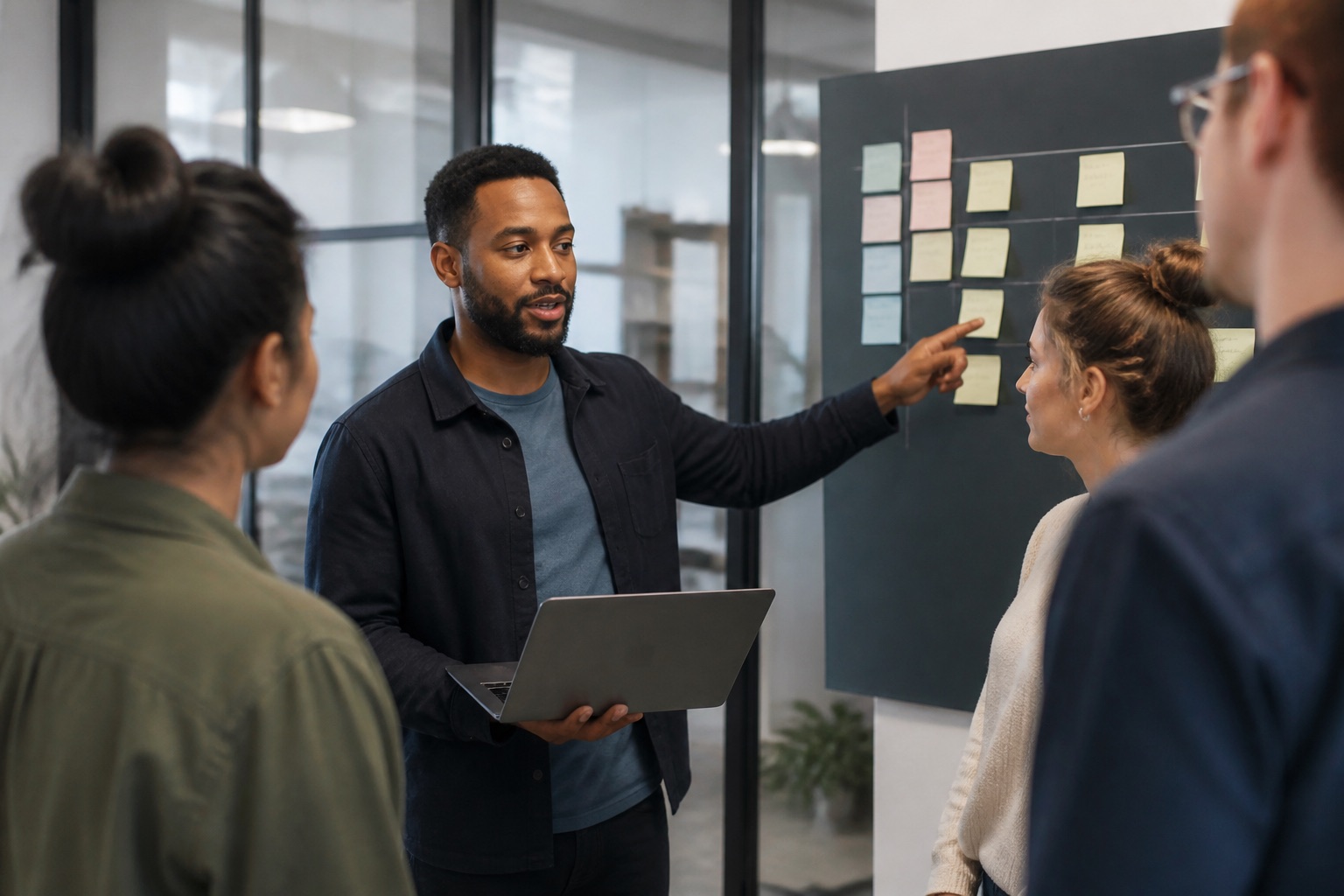 A team lead assigning work during a short office stand-up