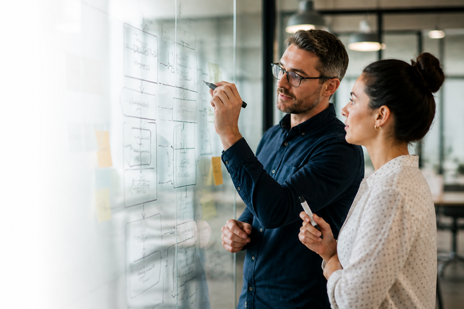Two business professionals mapping a software workflow on a glass wall