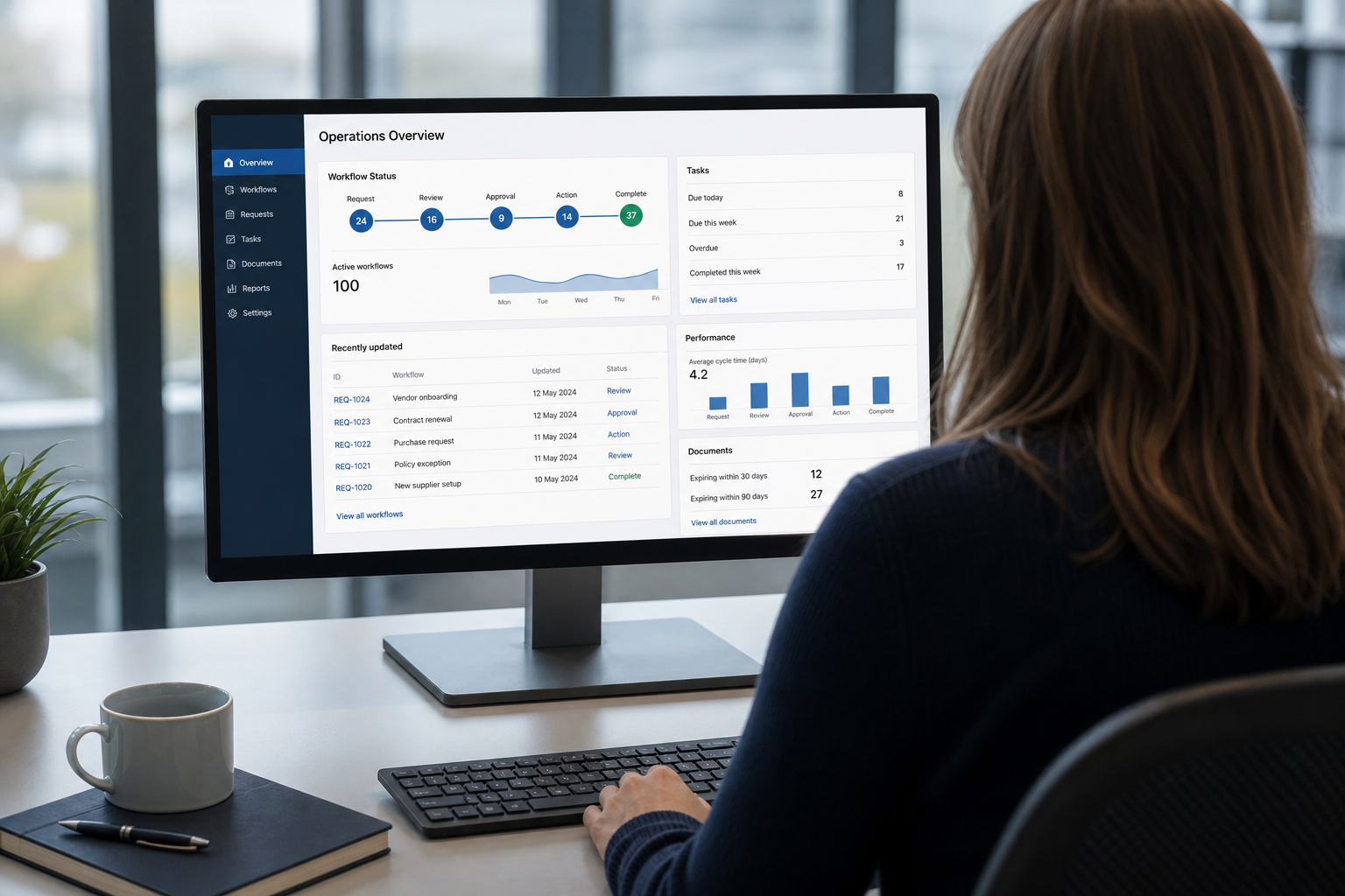 A woman reviewing an existing business operations system on a desktop monitor