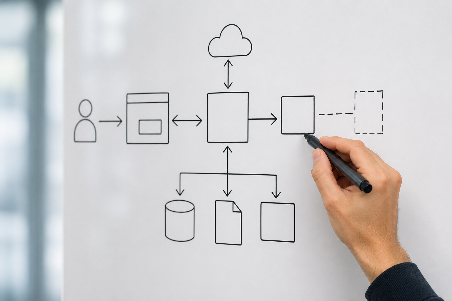 A hand drawing a high-level software system design on a whiteboard